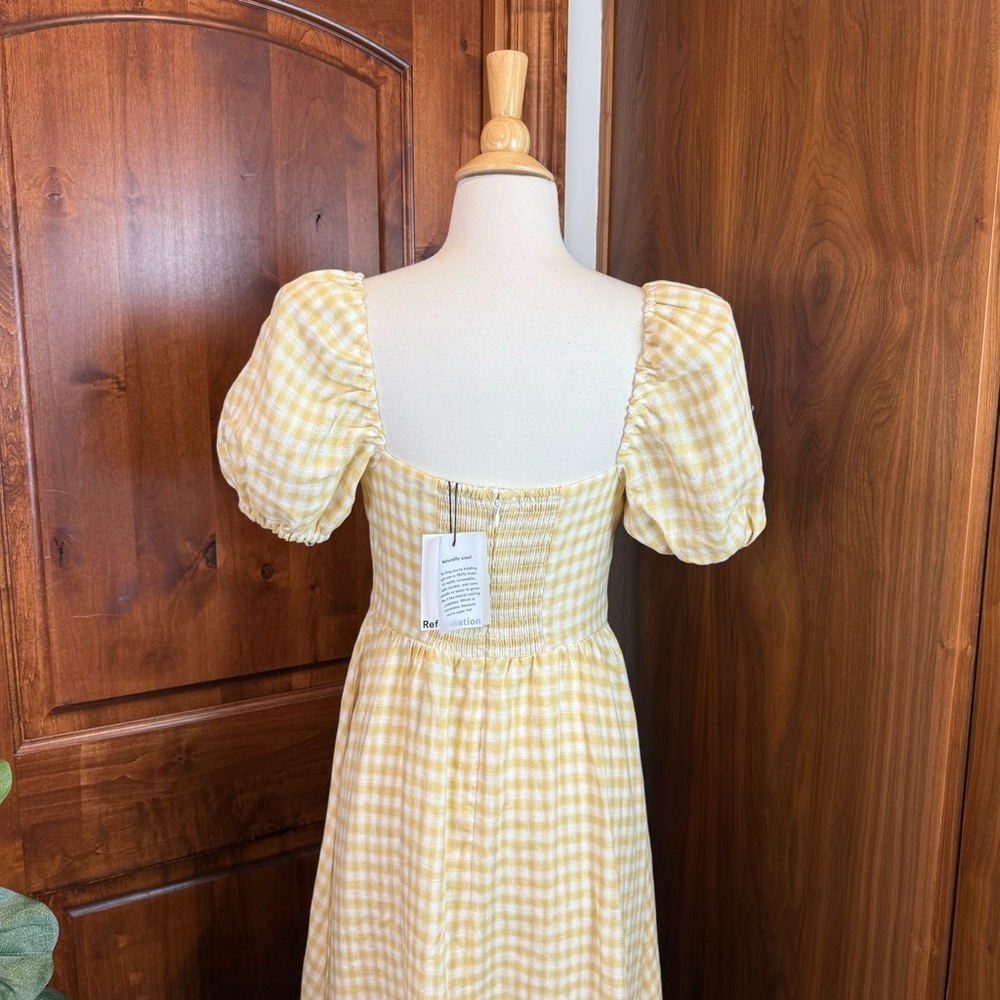 💋Reformation Marella puff sleeve linen Yellow Checkered gingham Dress. Size 6 - Picture 9 of 12